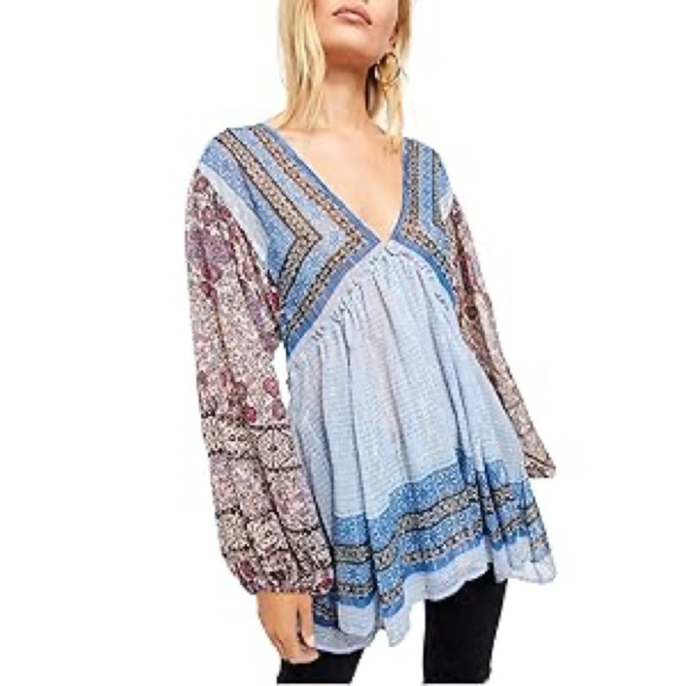 Free People Light Blue and Brown Printed V-Neck Peasant Blouse